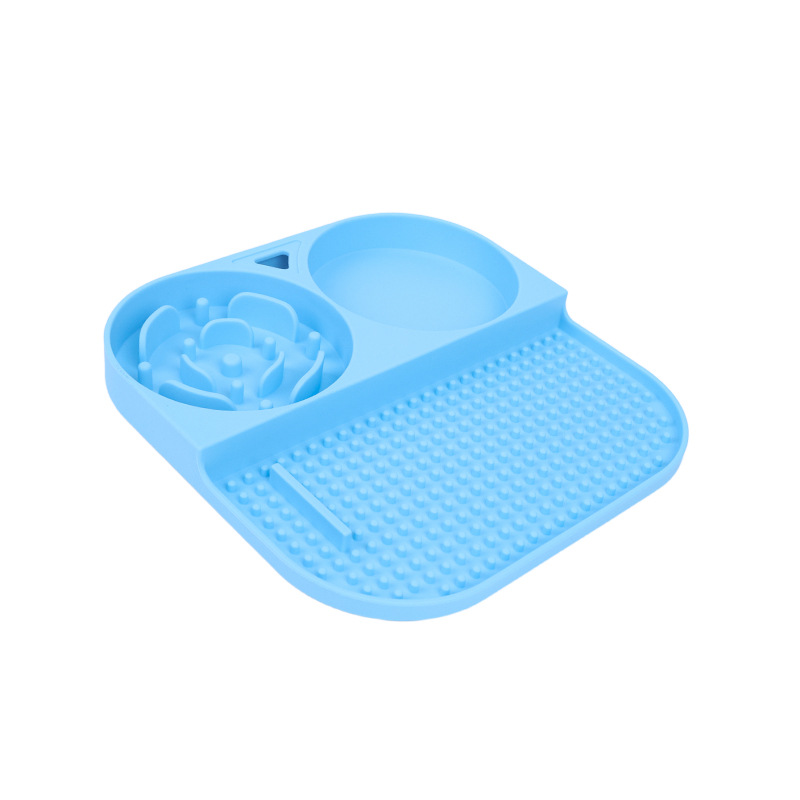 2 Pcs Blue 3-in-1 Silicone Non-Slip Pet Slow Feeder & Water Bowl