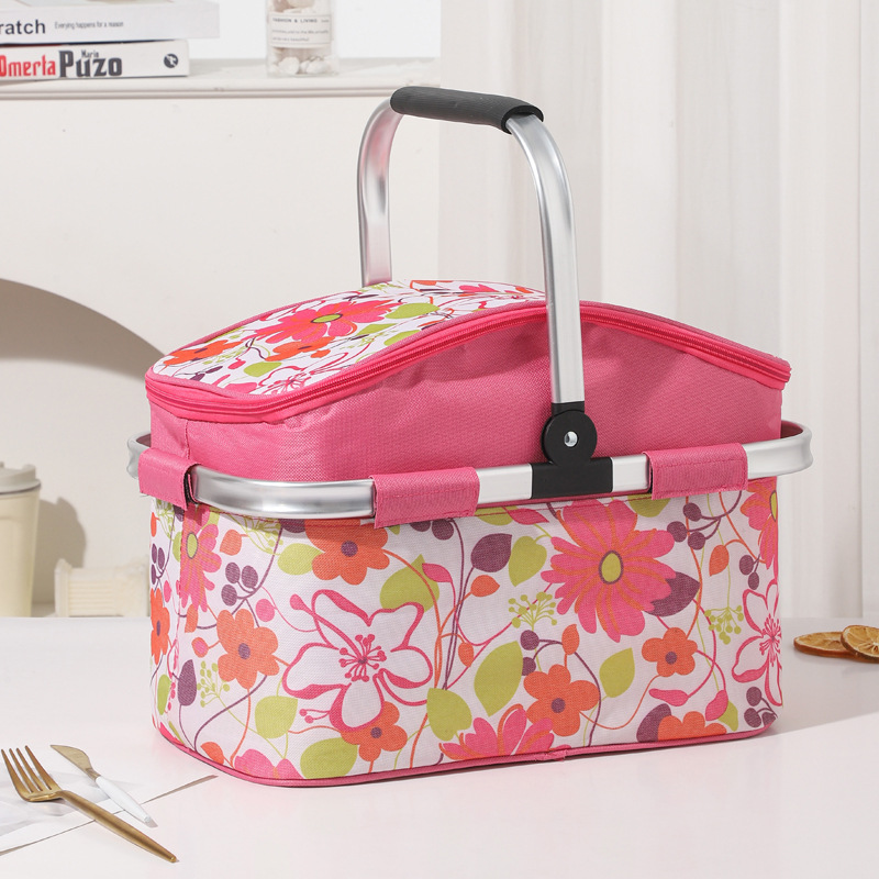 Pink and Floral Pattern Large 27L Foldable Insulated Picnic Basket Cooler Bag