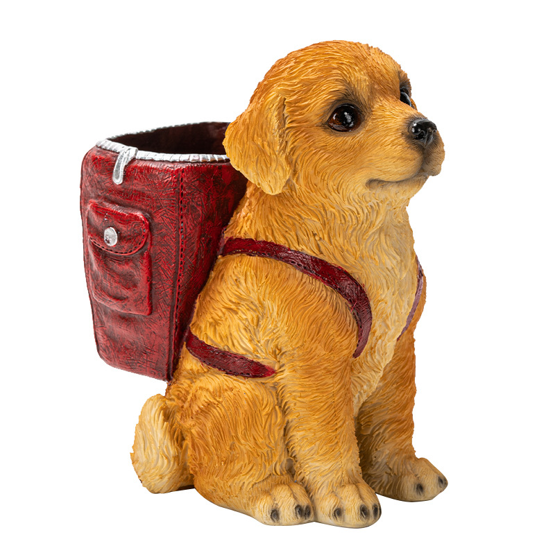 Red Backpack Golden Retriever Puppy Pen Holder Figurine