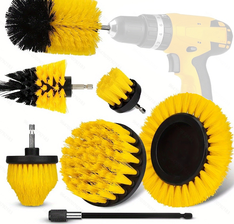 Yellow and Black Complete 7-Piece Drill Brush Power Scrubber Kit for General Cleaning