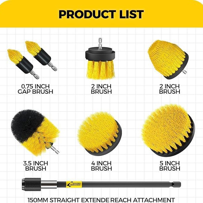 Yellow and Black Complete 7-Piece Drill Brush Power Scrubber Kit for General Cleaning - Image 3