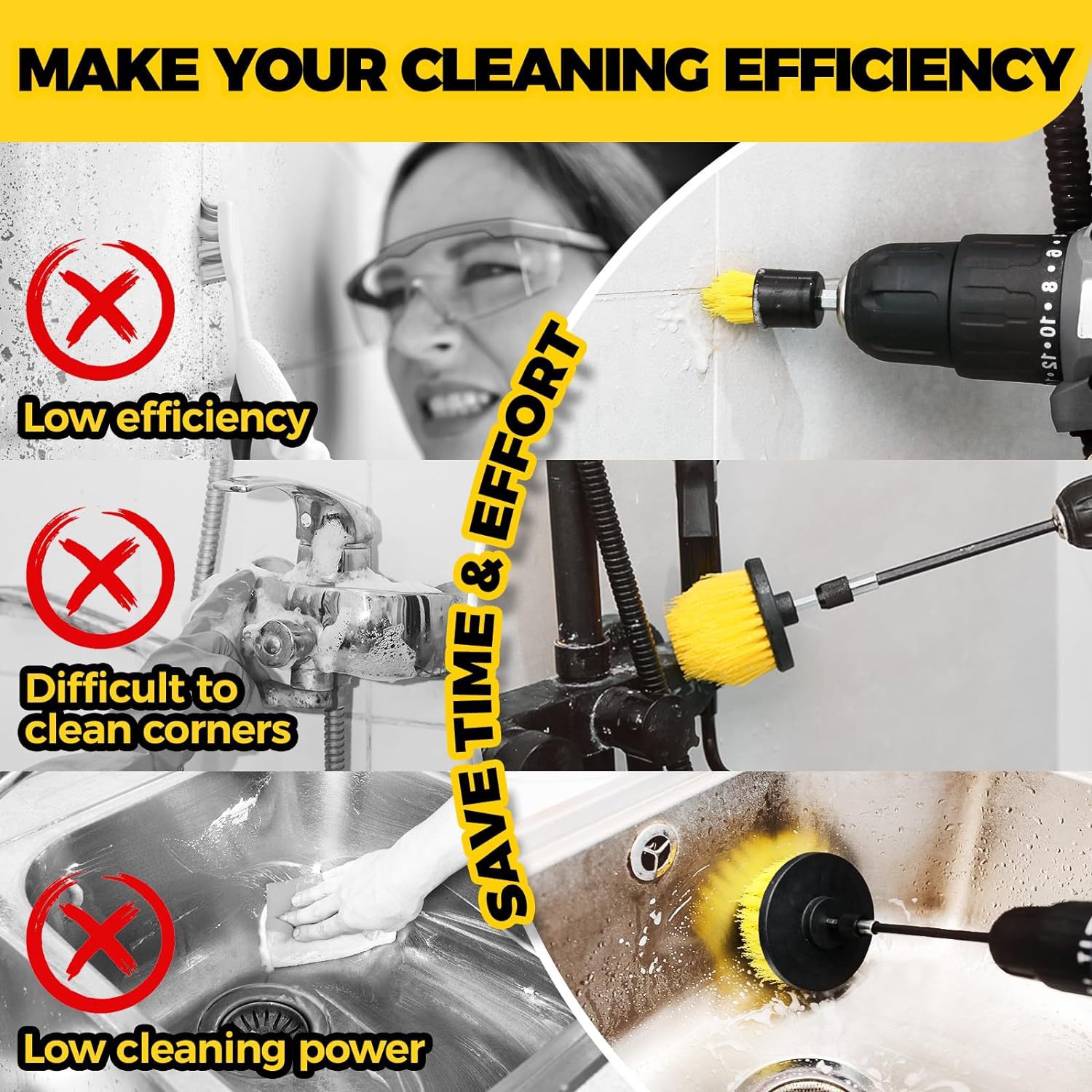 Yellow and Black Complete 7-Piece Drill Brush Power Scrubber Kit for General Cleaning - Image 7