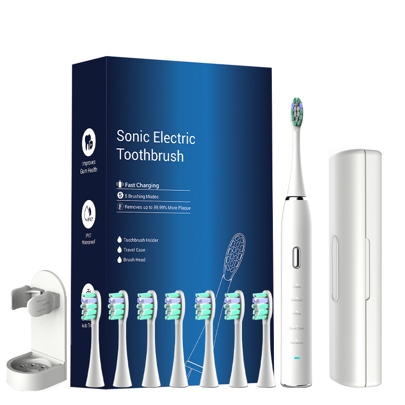 White Sonic Toothbrush with 8 Heads Travel Case USB
