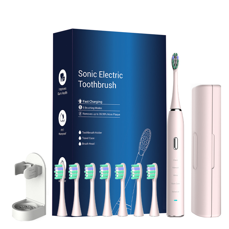 Pink Sonic Toothbrush with 8 Heads Travel Case USB