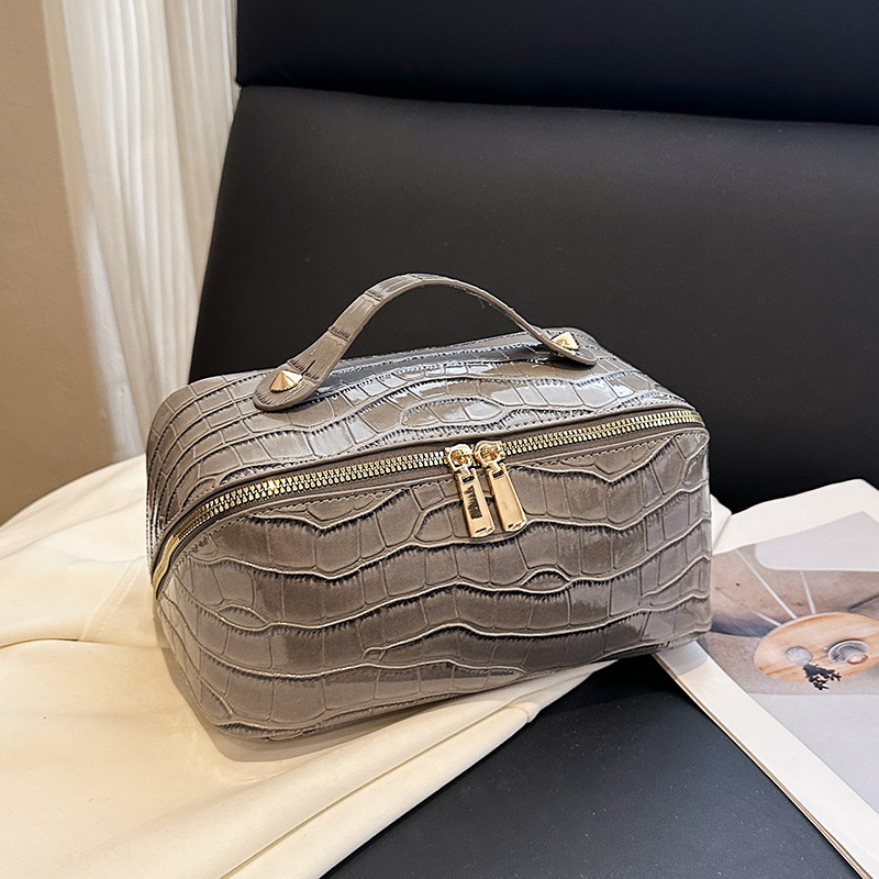 Grey Croc-Embossed Travel Makeup Case Organizer
