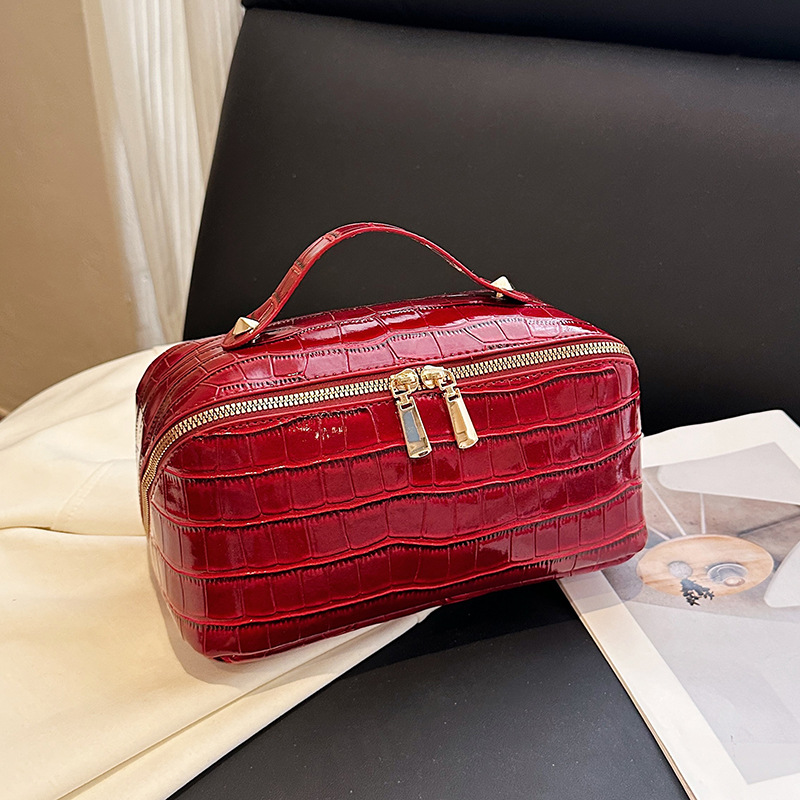 Red Croc-Embossed Travel Makeup Case Organizer