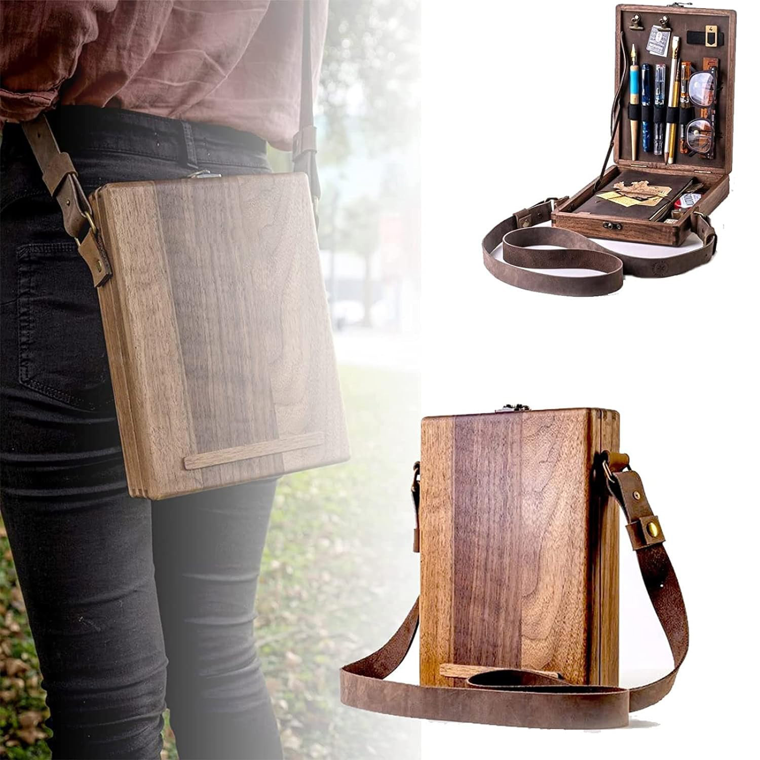 Vintage Writers Wooden Messenger Box Satchel