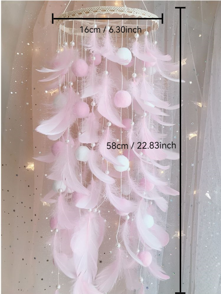 Pink Boho Pom Pom Feather Dreamcatcher - Image 4