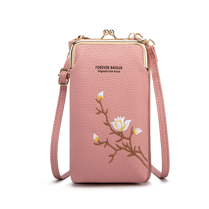Dark Pink Embroidered Crossbody Wallet