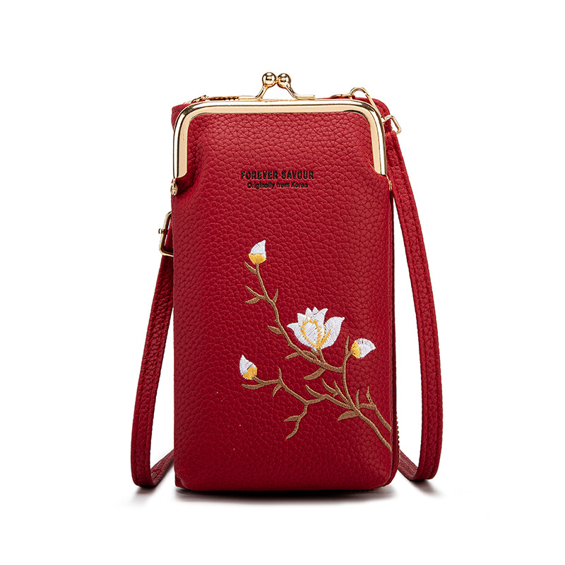 Red Embroidered Crossbody Phone Wallet