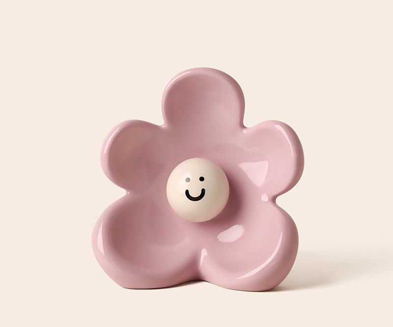 Artistic Floral Smiling Face Ceramic Gloss Finish Vase in Pink