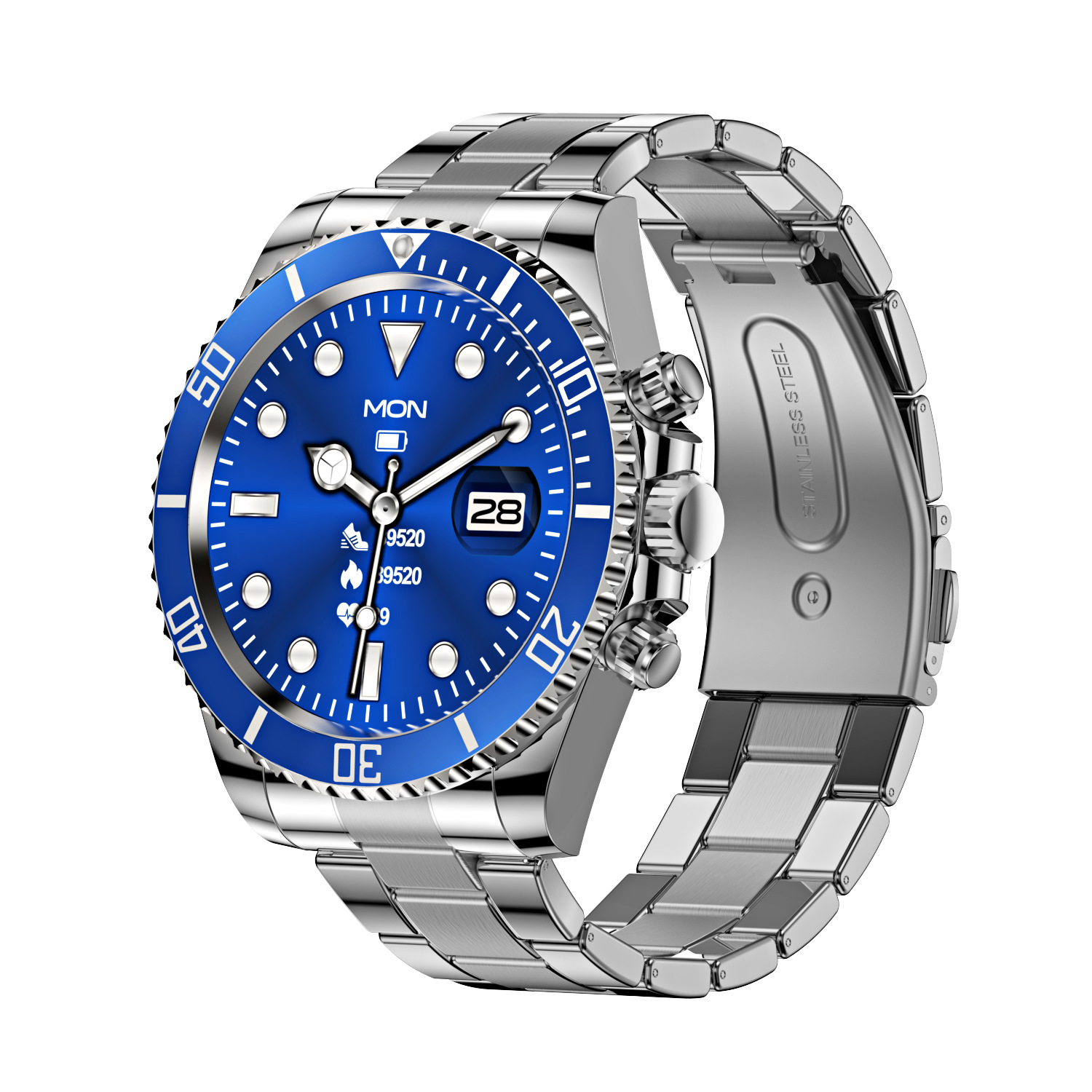 Classic Stainless Steel Smartwatch with Rotating Bezel - Blue