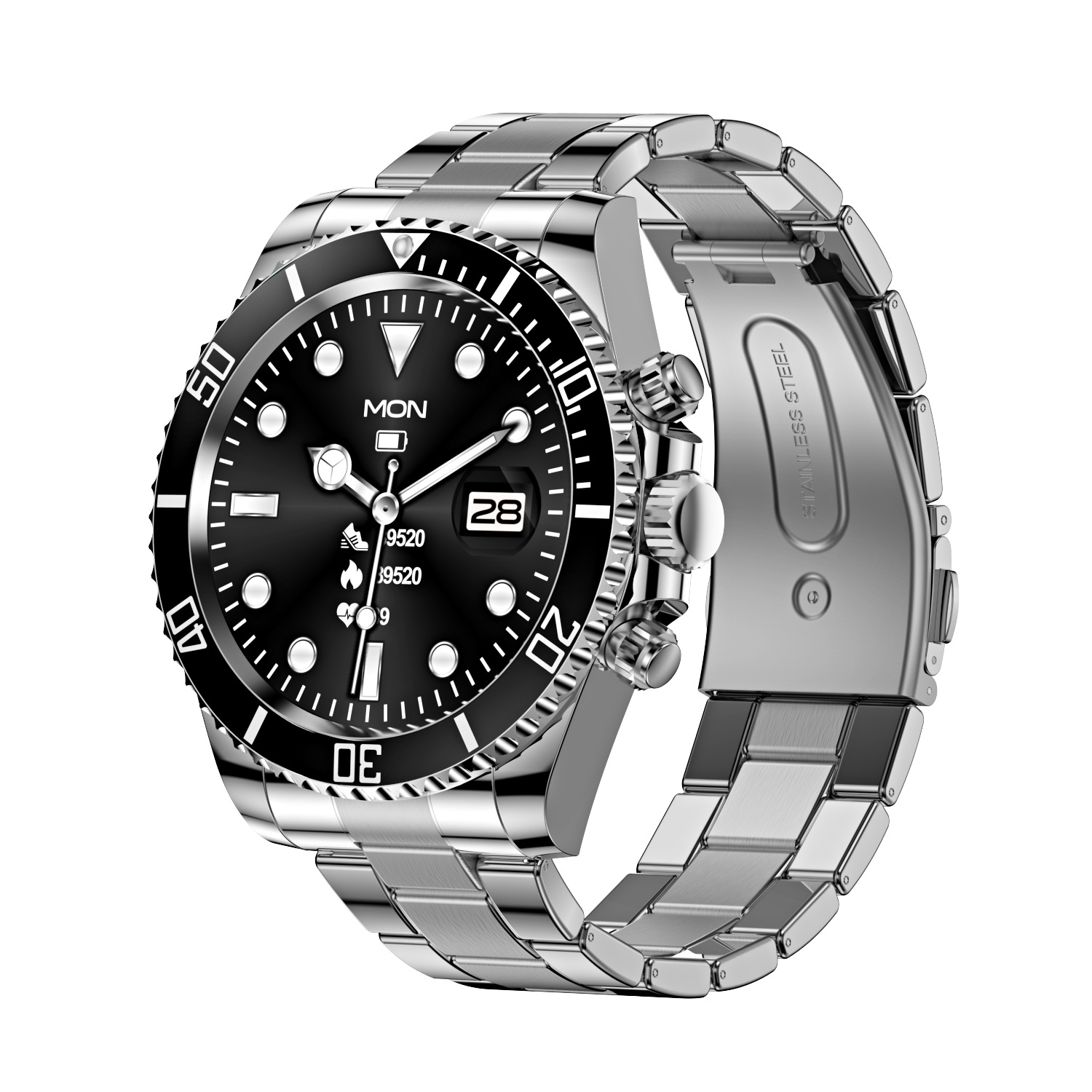 Classic Stainless Steel Smartwatch with Rotating Bezel - Black