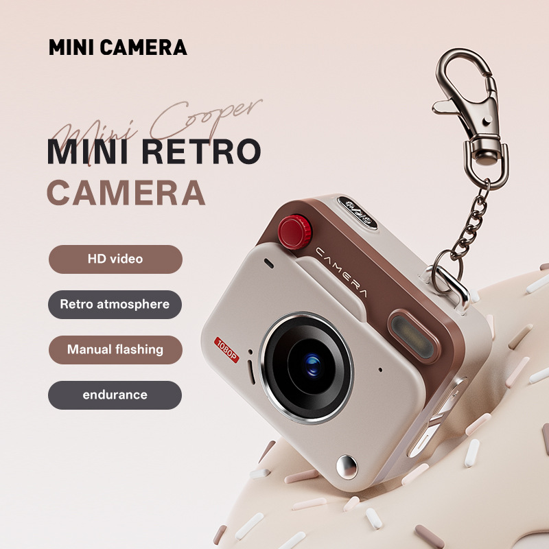 Khaki Brown Mini Retro Keychain Camera with 48MP Photos and 1080P HD Video - Image 2