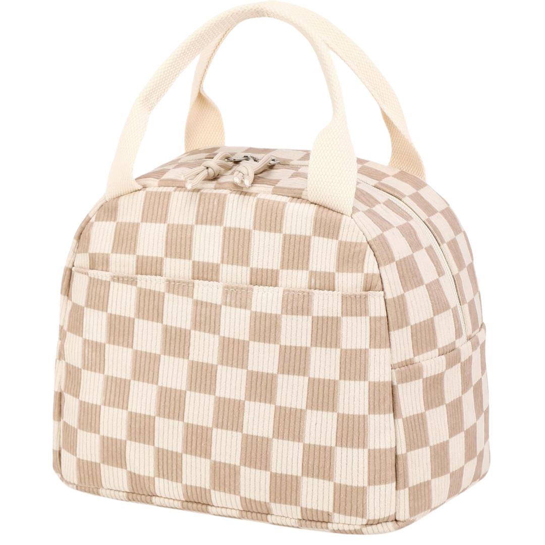 Beige Checkered Corduroy Lunch Bag