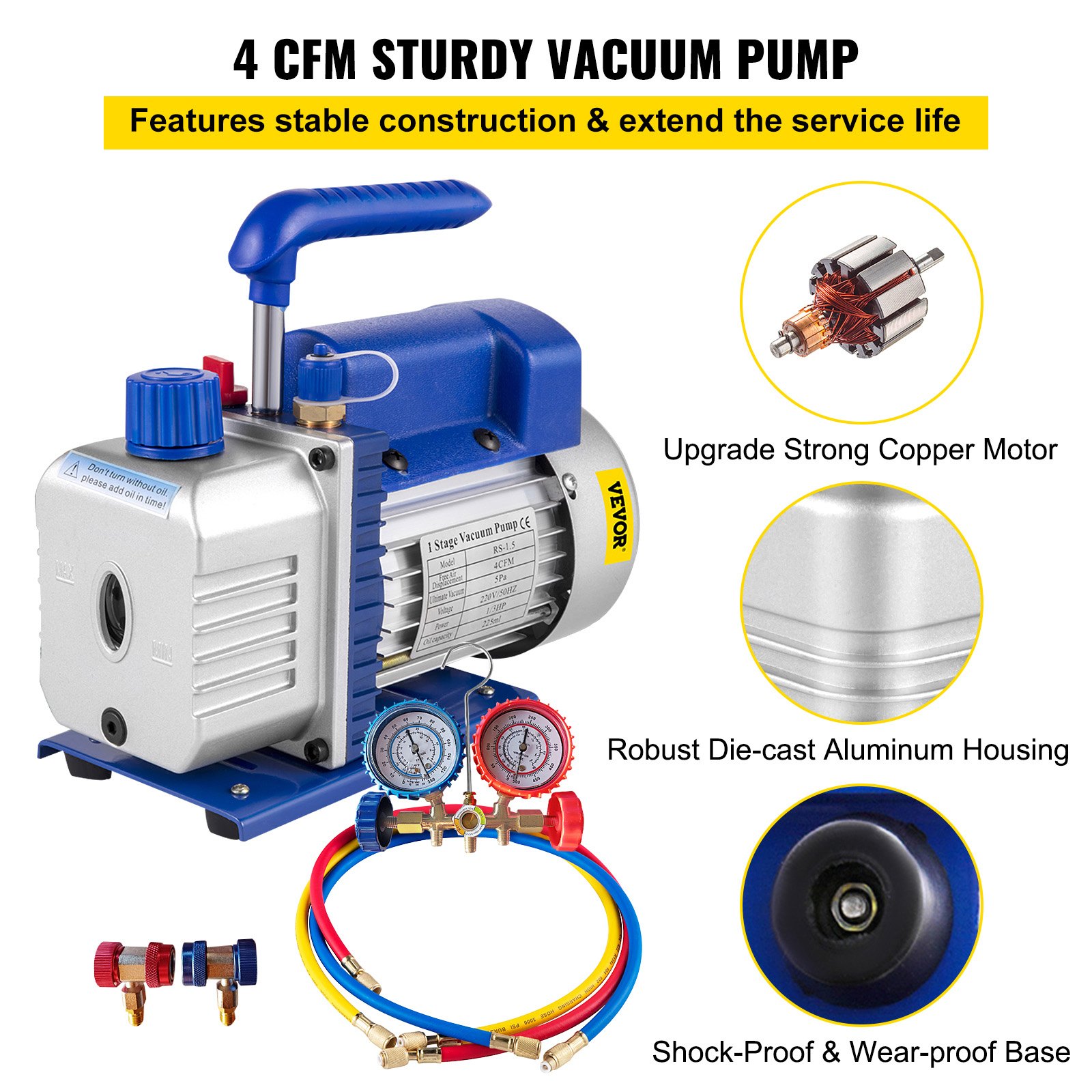 Rotary Vane Vacuum Pump 4CFM 1/4HP with Manifold Gauge - Image 3
