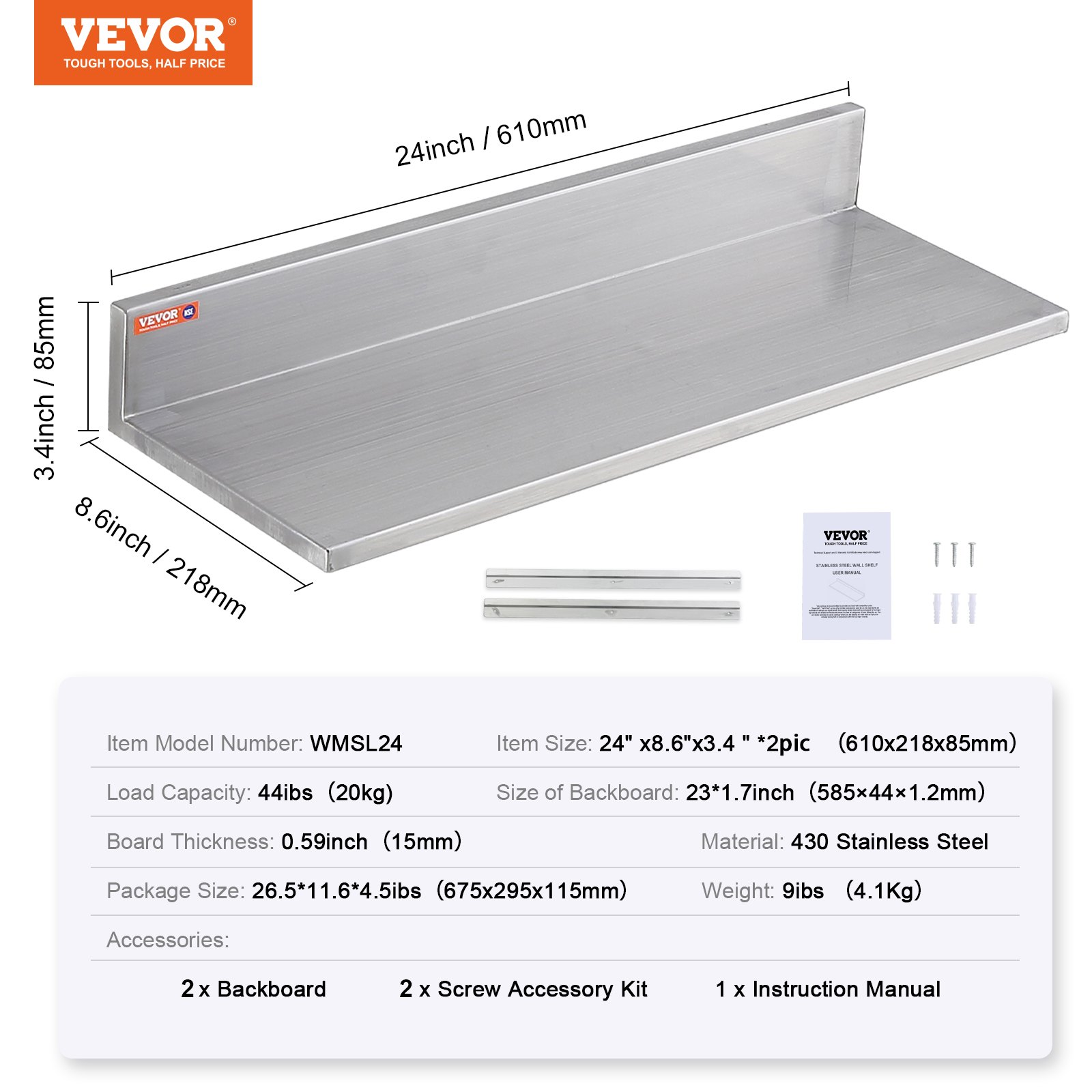 8.6 x 24 Inch Stainless Steel Shelf Wall Mounted 2 Packs - Image 7