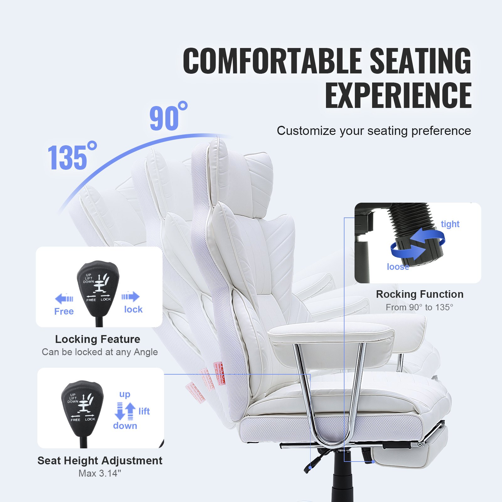 Reclining Office Chair with Footrest White PU Leather - Image 6