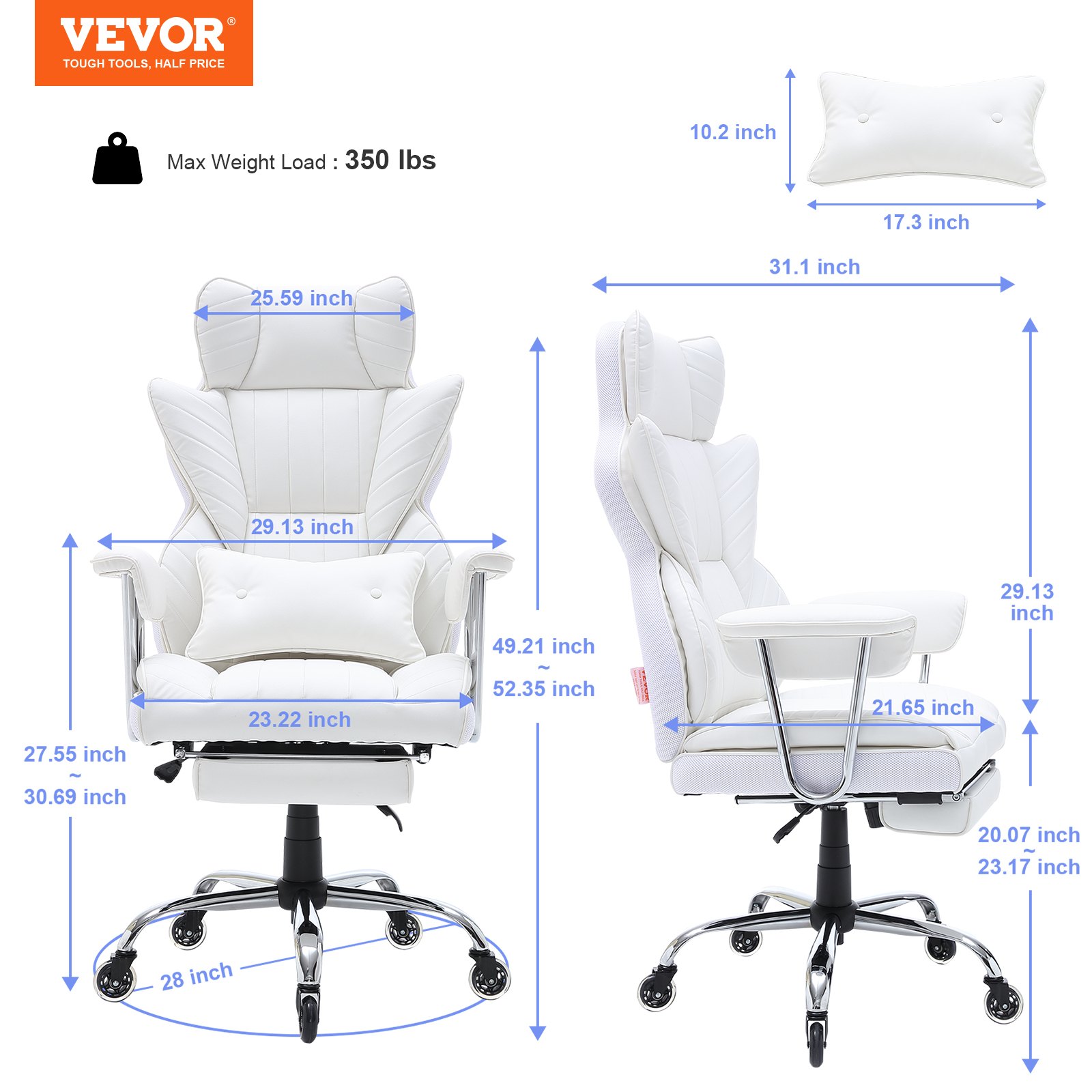 Reclining Office Chair with Footrest White PU Leather - Image 7