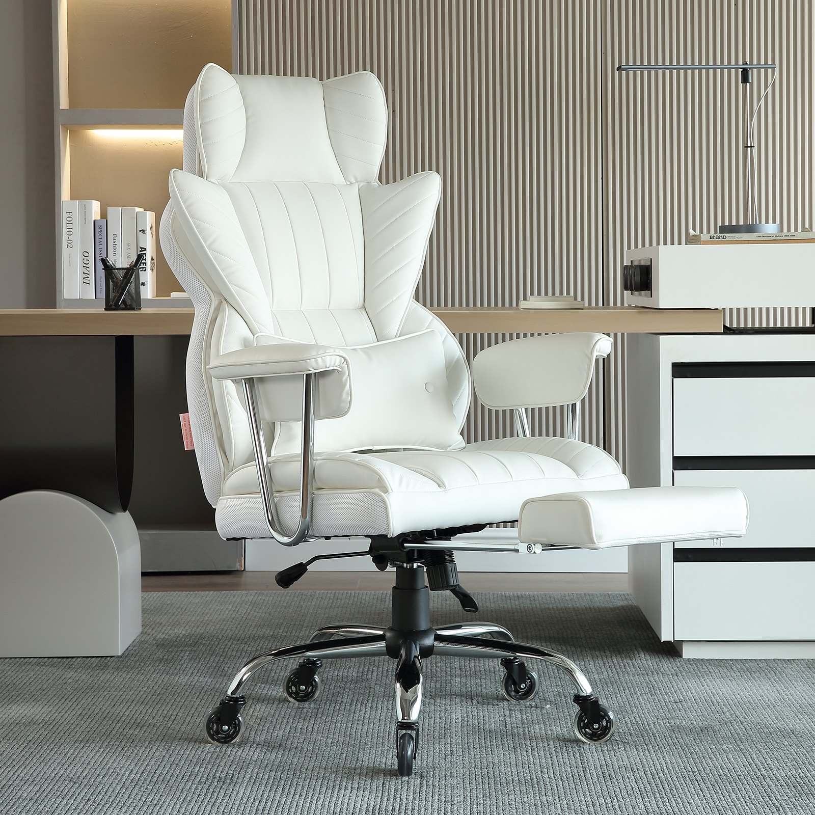 Reclining Office Chair with Footrest White PU Leather - Image 8