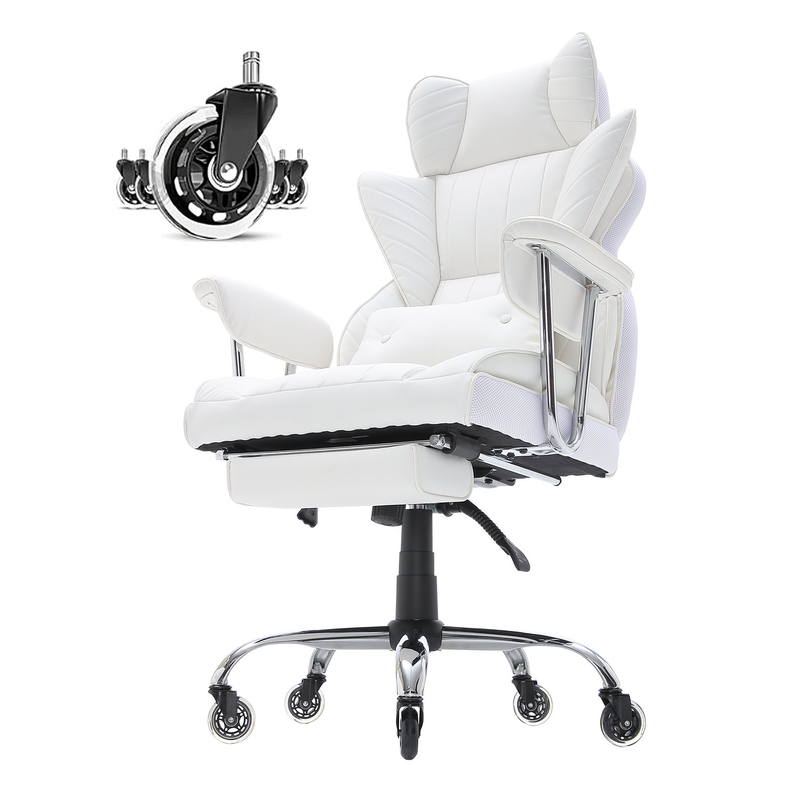 Reclining Office Chair with Footrest White PU Leather - Image 9