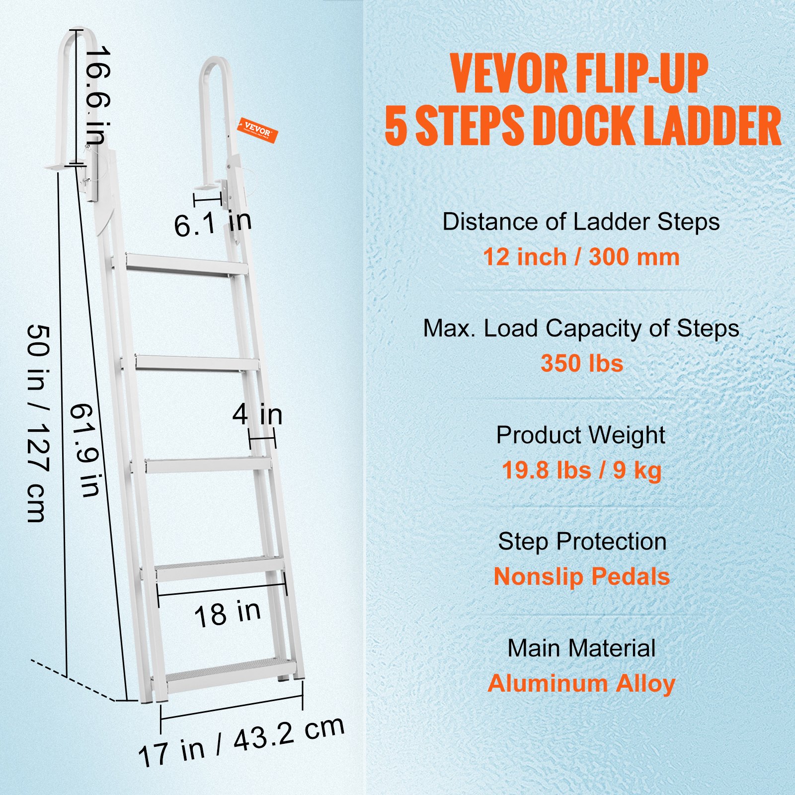 Dock Ladder Flip-Up 5 Steps 350lbs Aluminum - Image 7