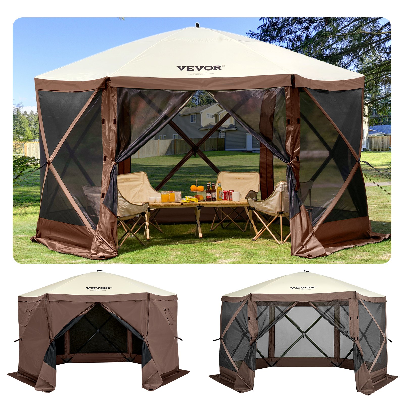 Pop-up Camping Gazebo 6 Sided 10x10 ft Sun Shade