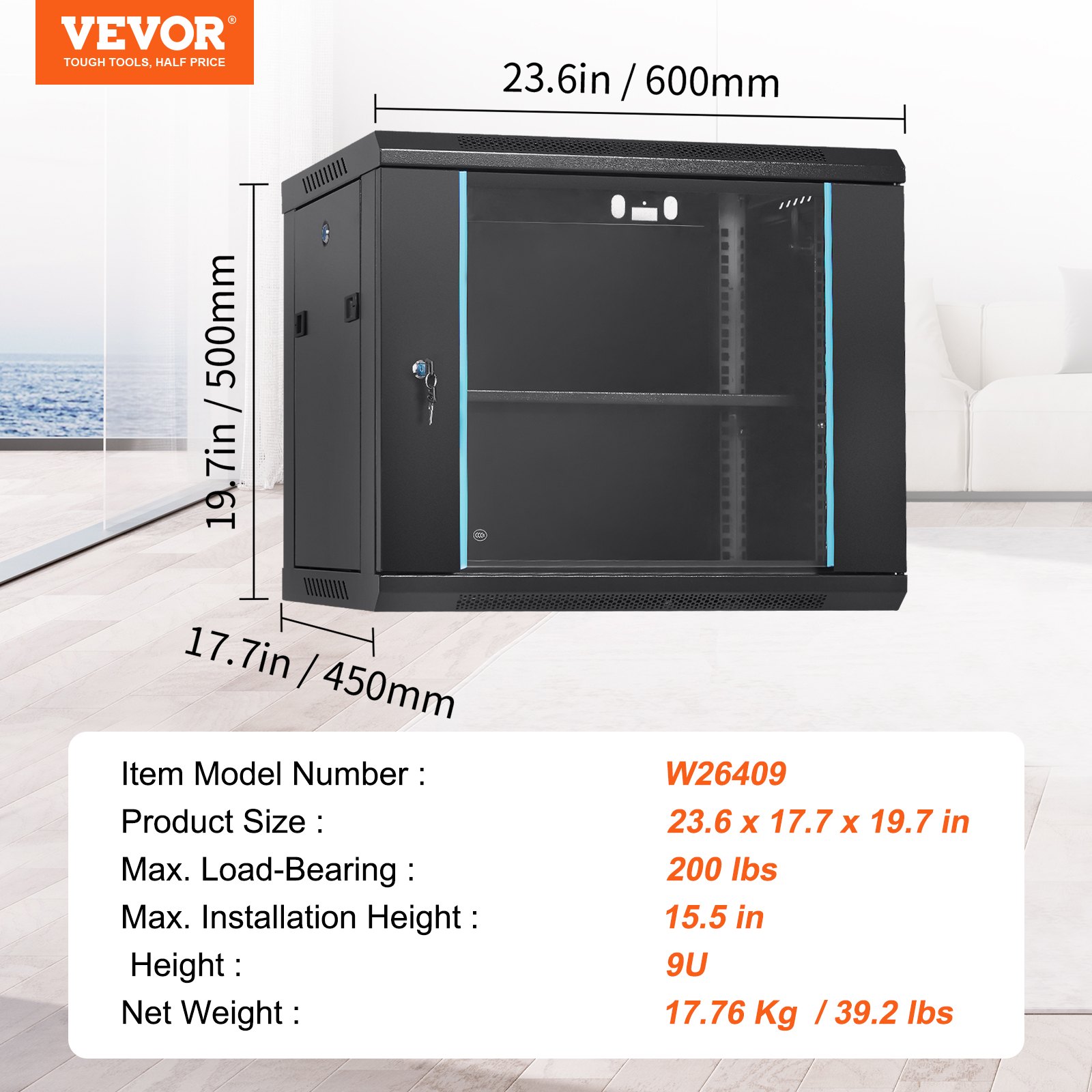 9U Wall Mount Server Cabinet 39.37cm Deep Locking - Image 7