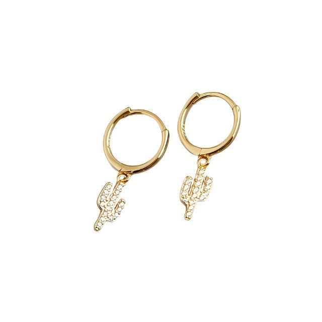 Gold Plated Pave Zircon Cactus Ear Buckle Earrings, Nature-Inspired Jewellery - Free Shipping