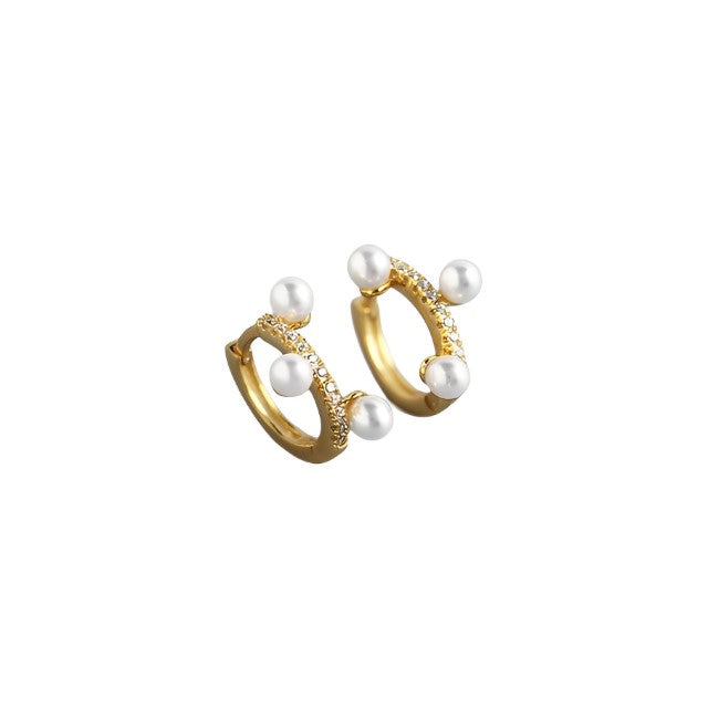 Gold Plated Minimalist Pave Zircon Round Freshwater Pearl Earrings, Fine Jewels - Free Shipping