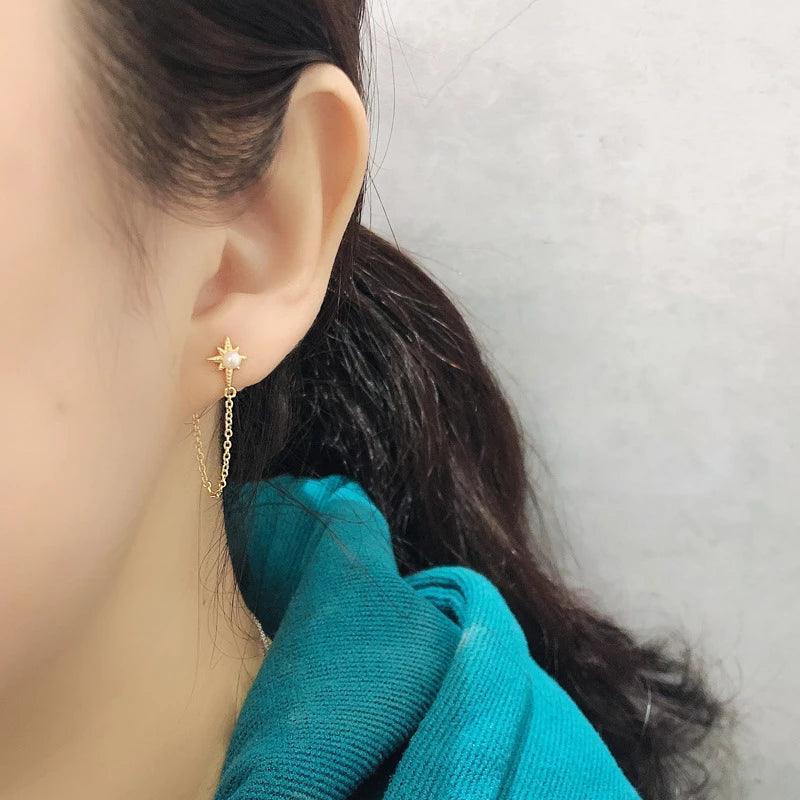 Sterling Silver Bohemian Shining Star Pearl Tassel Stud Earrings for Women - Free Shipping - Image 3