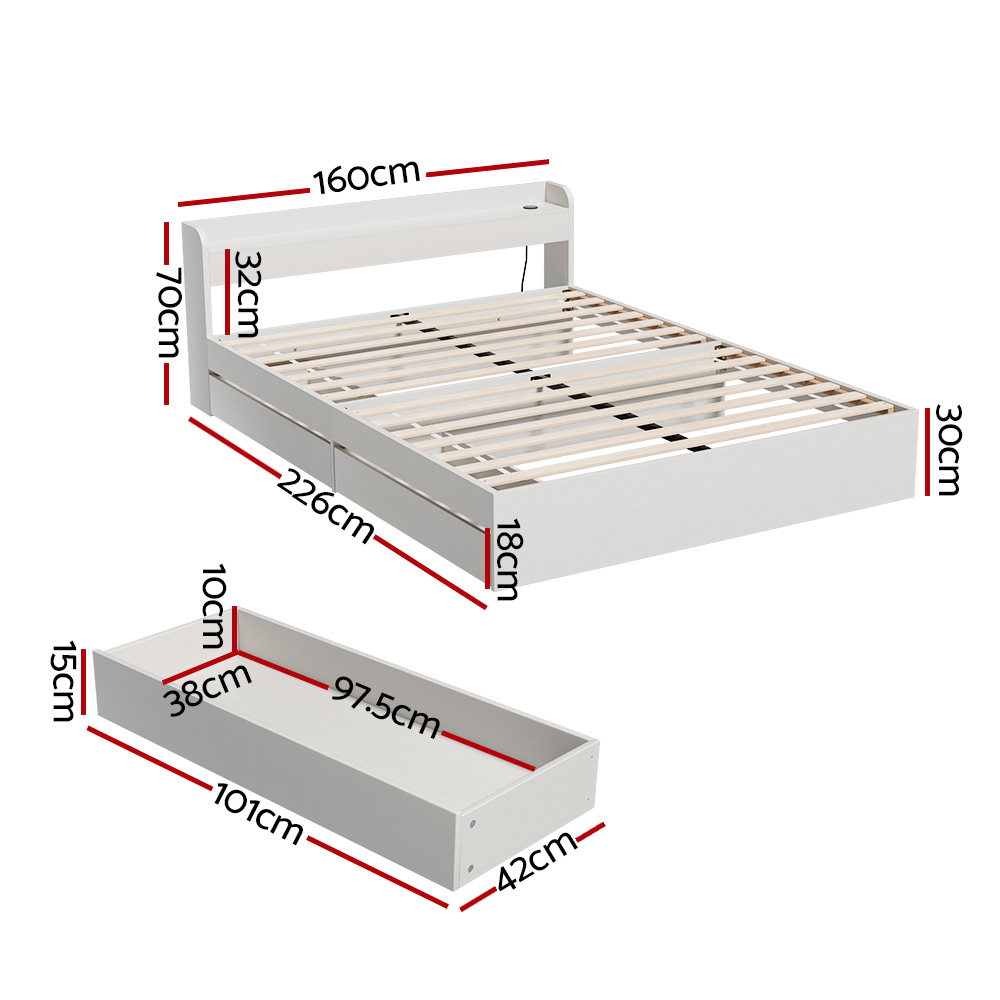 Artiss Queen Bed Frame with Charging Ports & 2 Drawers - Image 2