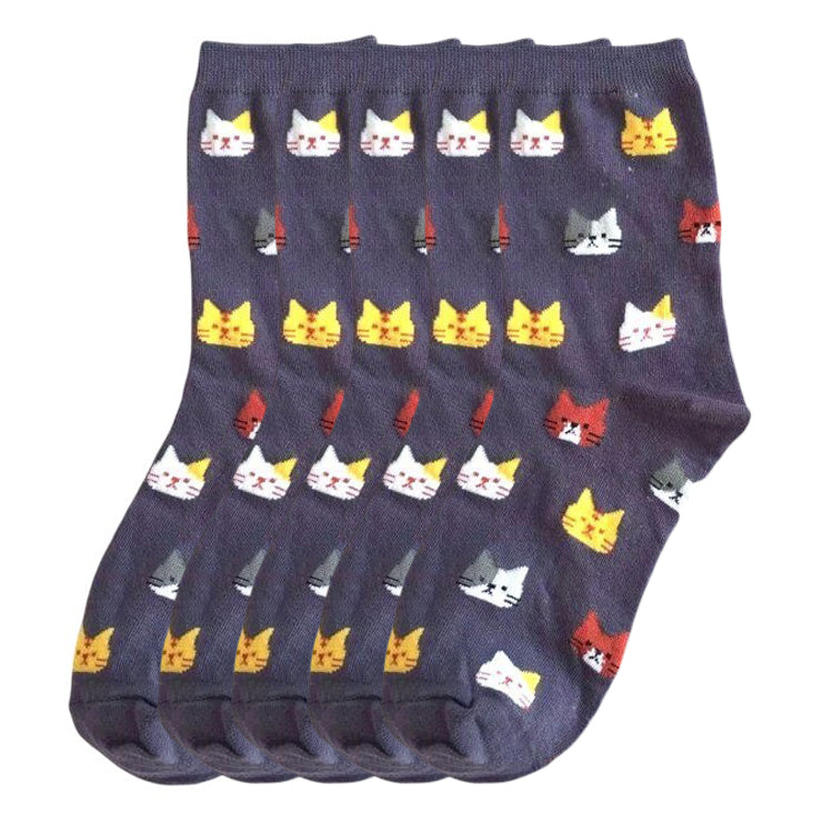 5 Pairs Grey Cat Fashion Socks Office Sports, Bold Fashion Accessories - Free Shipping