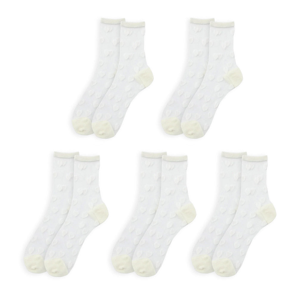 White Heart Tull Glass Silk Knee Socks 5 Pairs, Size 5-9, Discreet Charm of Transparency - Free Shipping