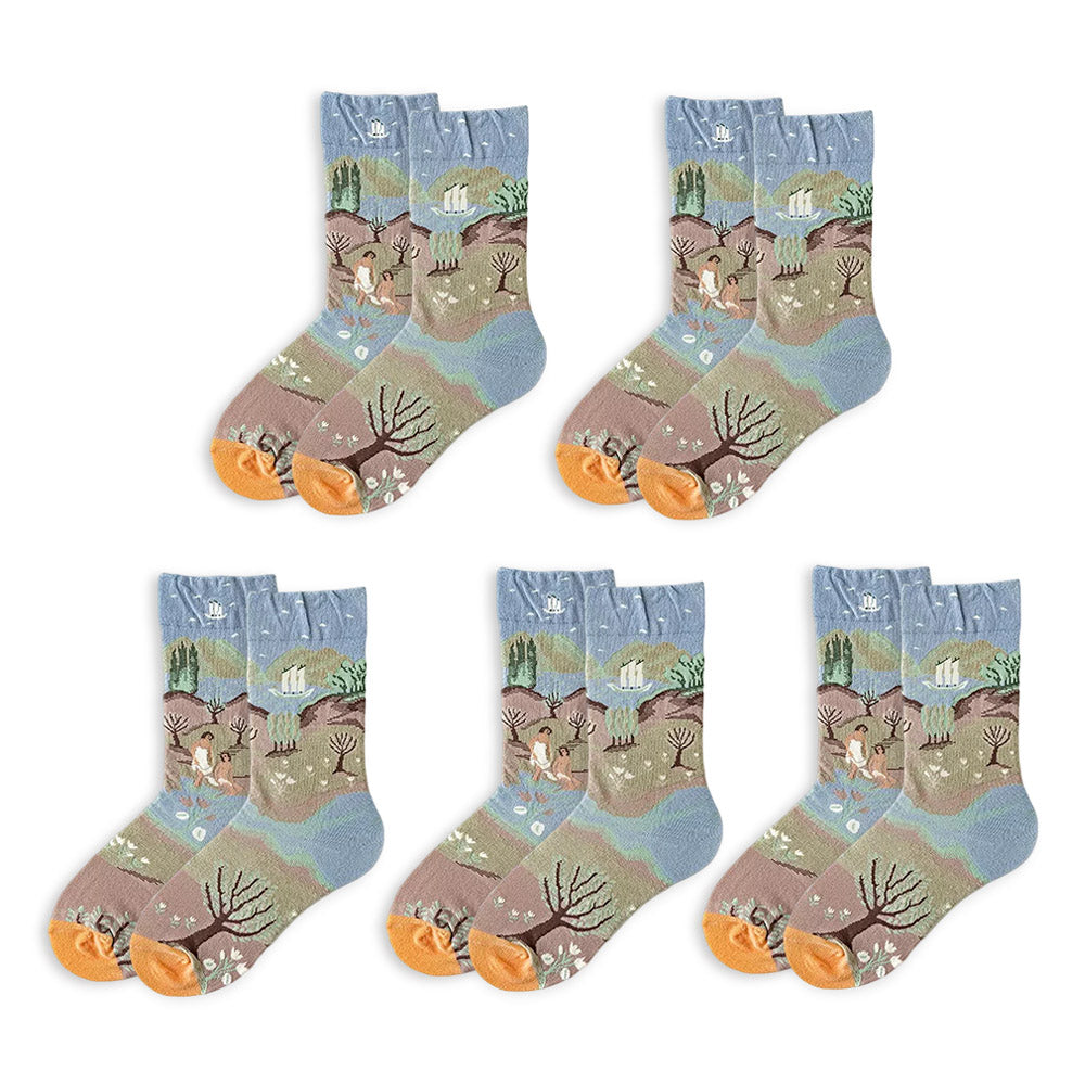 Cartoon Tulips Long Socks, Nature Black Yellow Theme 5 Pairs, Eye-Catching Design - Free Shipping