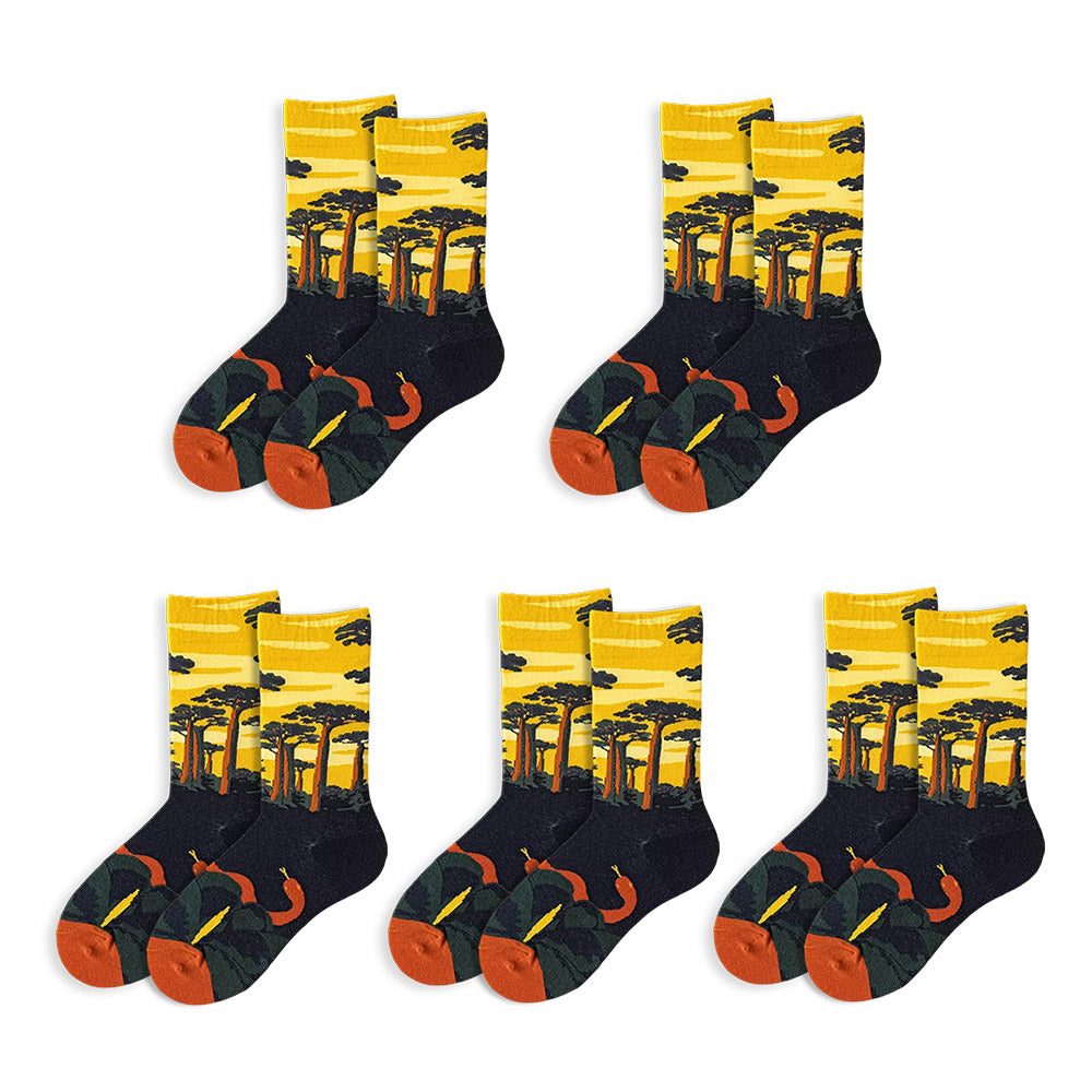 Cartoon Yellow Forest Painting Long Socks, Nature Theme 5 Pairs, Fun Patterns - Free Shipping