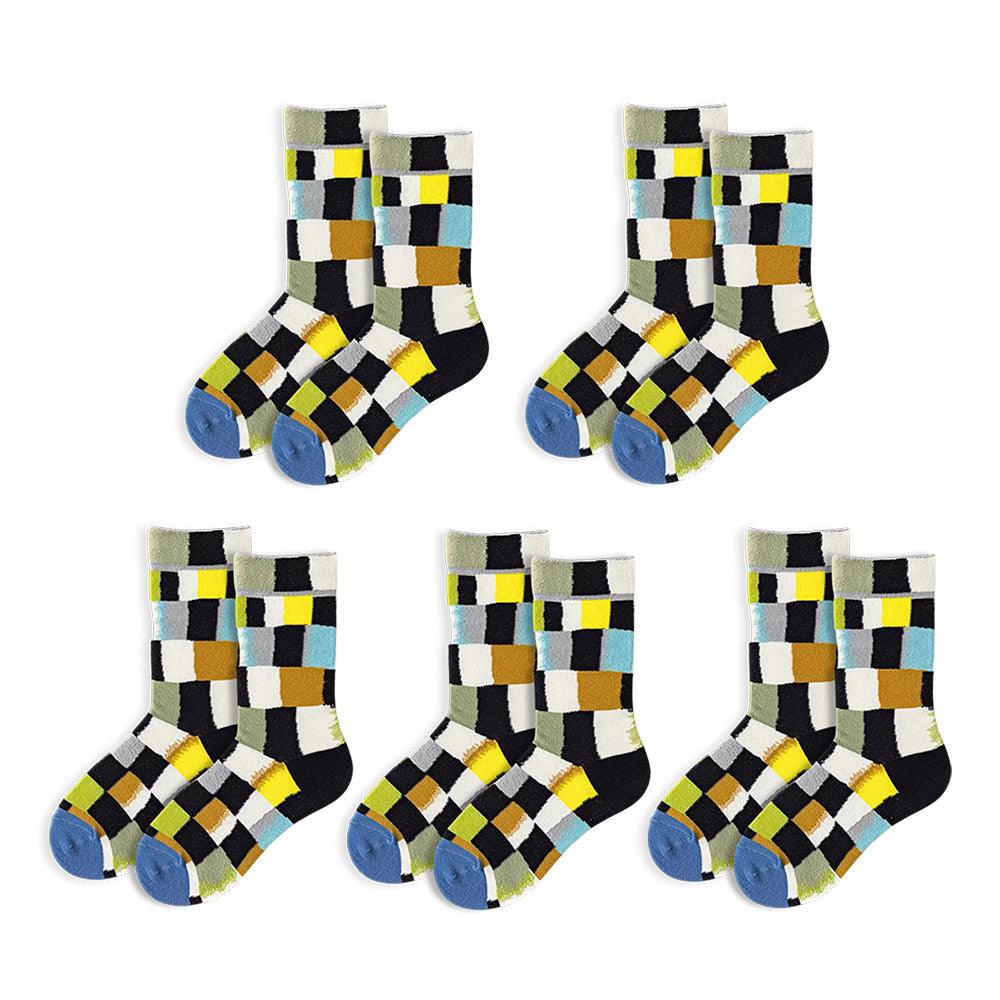 Cartoon Multi-Colour Block Long Socks, Creative Design 5 Pairs, Bold Design - Free Shipping