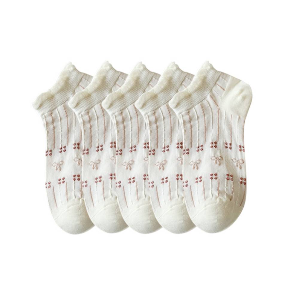 5 Pairs Summer Short Boat Invisible Chaussette Cherry Ribbon Socks, One Size 35-40 - Free Shipping