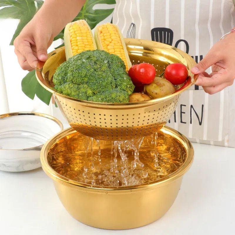 Rainbow Stainless Steel Basket Strainer Bowl with Vegetable Slicer for Buffet - Image 7