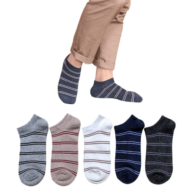 5 Pairs One Size 5-11 MultiColour Striped Navy Cotton Casual Ankle Socks - Free Shipping