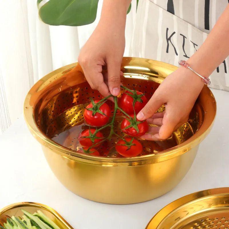 Gold Stainless Steel Basket Strainer Bowl with Vegetable Cutter Slicer for Buffet and Kitchenware - Image 5