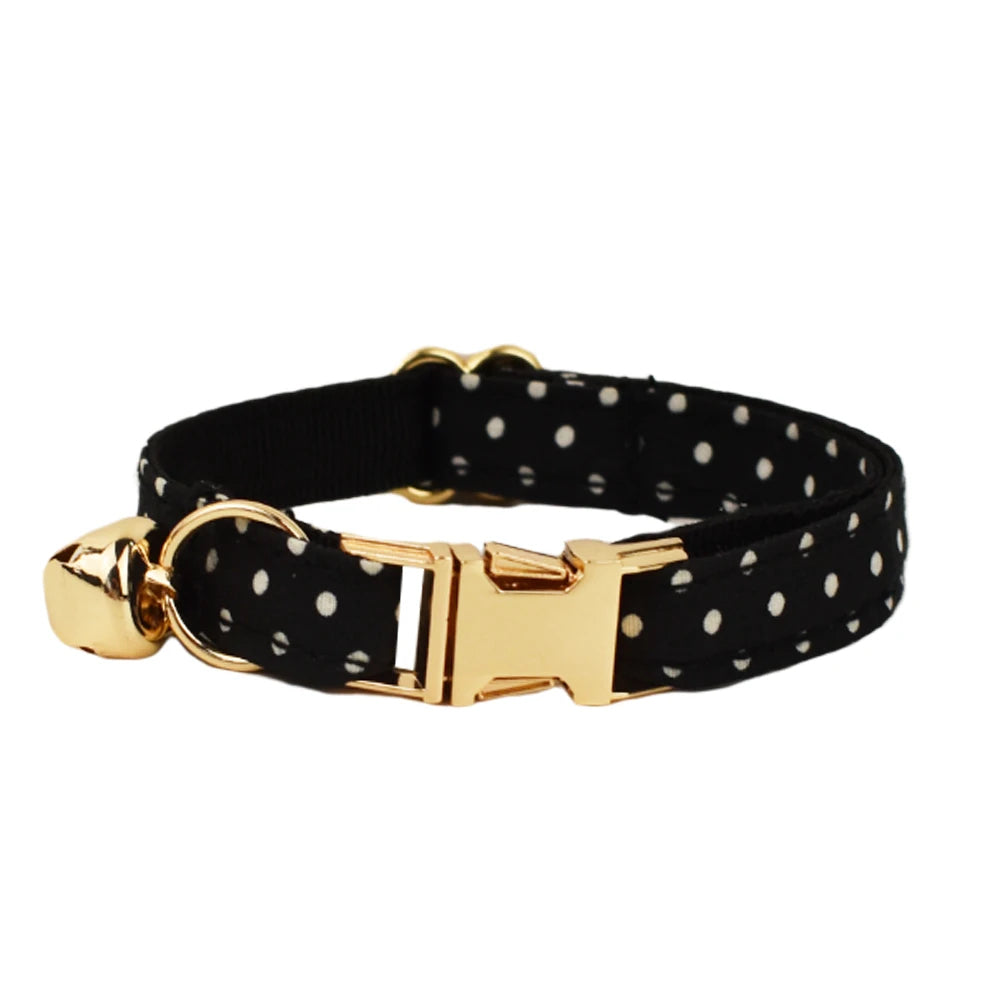 Black Dotted Small Cat Collar with Bell, Cat Fashion Accessory - Free Shipping