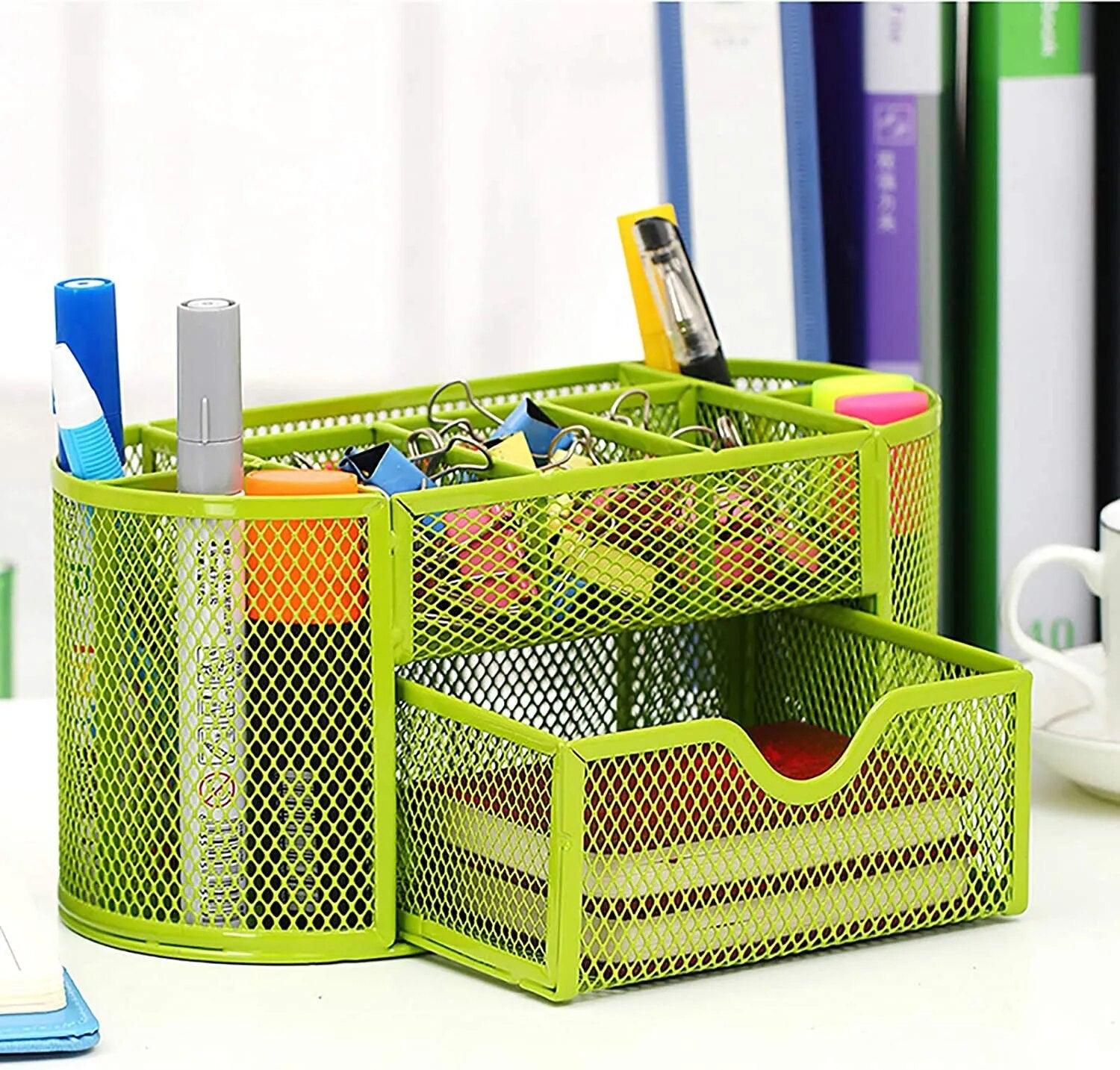 Metal Mesh Stationery Organiser, Blue Large Capacity Compartments, Office and School Supplies - Image 2