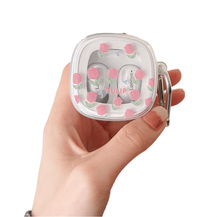 Pink Tulip Earphone Case for Lenovo XT62 TWS - Soft TPU Protective Cover with Hook