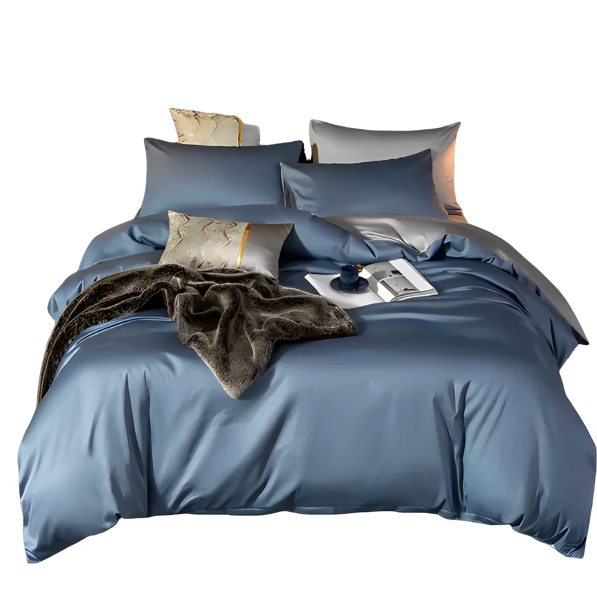 Duvet Comforter Set Twin Blue and Light Grey Stunning Thick Bedspread 6-Piece Bed Set