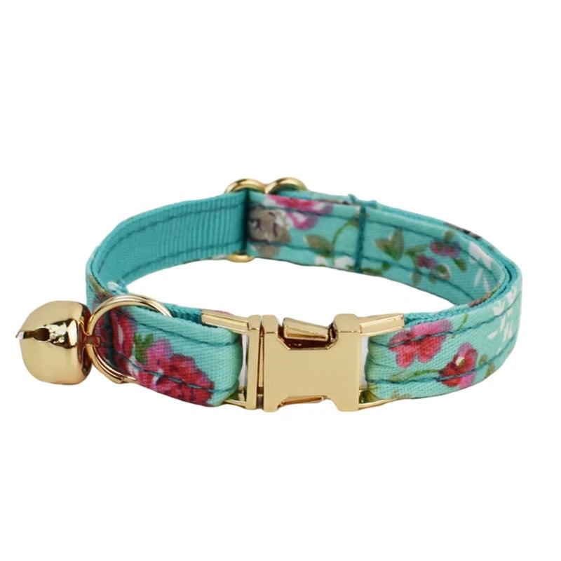 Floral Light Blue Large Cat Collar with Bell, Strap Buckle