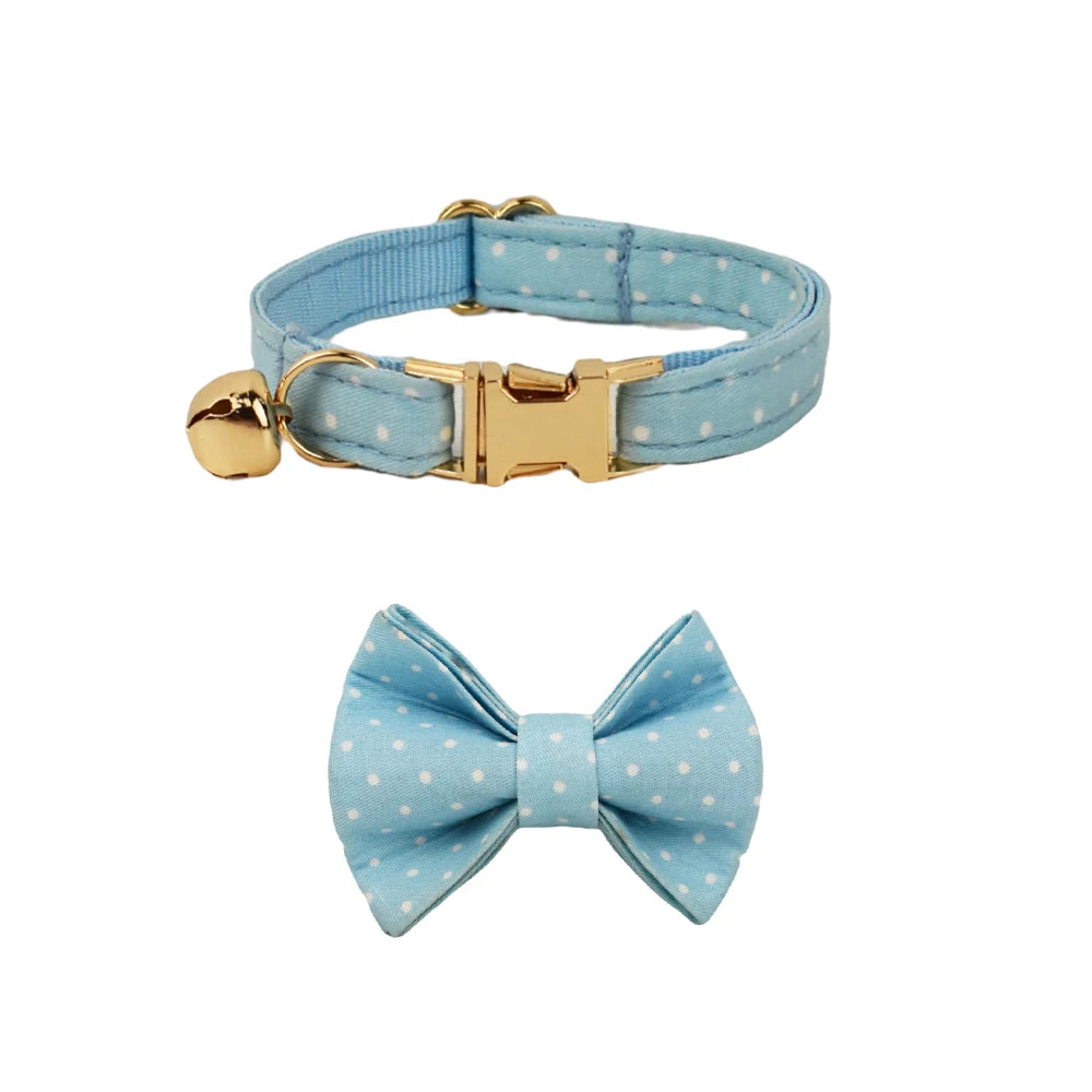 Light Blue Bow Small Cat Collar with Bell, Durable Strap, Adjustable Fit - Free Shipping