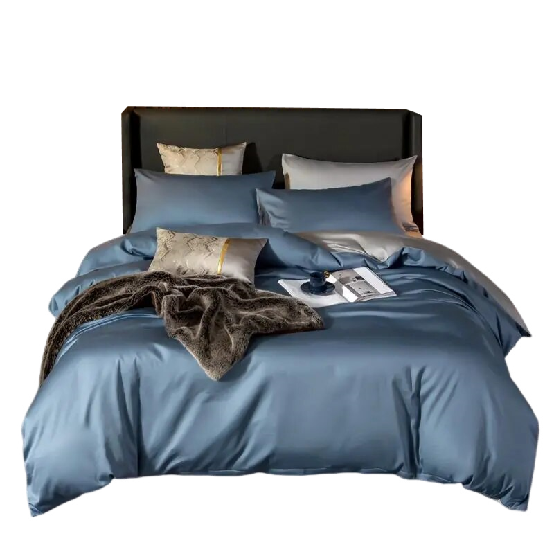 Blue and Light Grey Egyptian Cotton Bedding Cover Twin Size 6-Piece Set