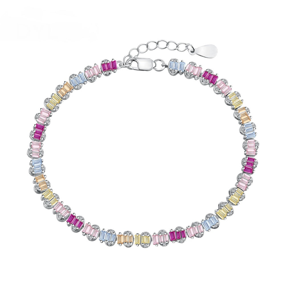 Female Candy Colour Rainbow 18cm Tennis Bracelet 925 Silver Square Diamond - Free Shipping