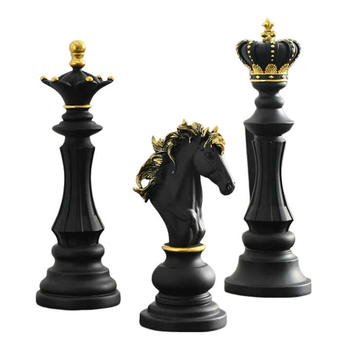 3pc Black Chess Piece Set, Classic Tabletop Decor, Luxury Masterpiece